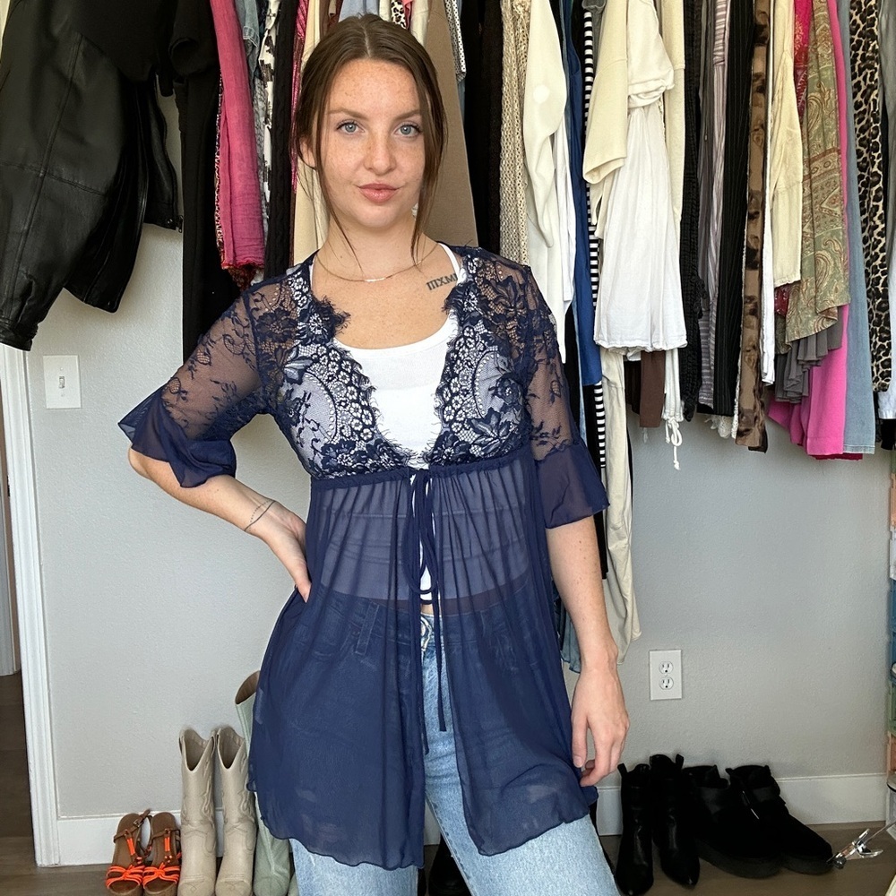 Avidlove Lace Sheer Tie-Front Kimono Cardigan